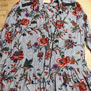 Maeve Multicolor Floral Blouse - Red, Orange, Purple, Green on Gray